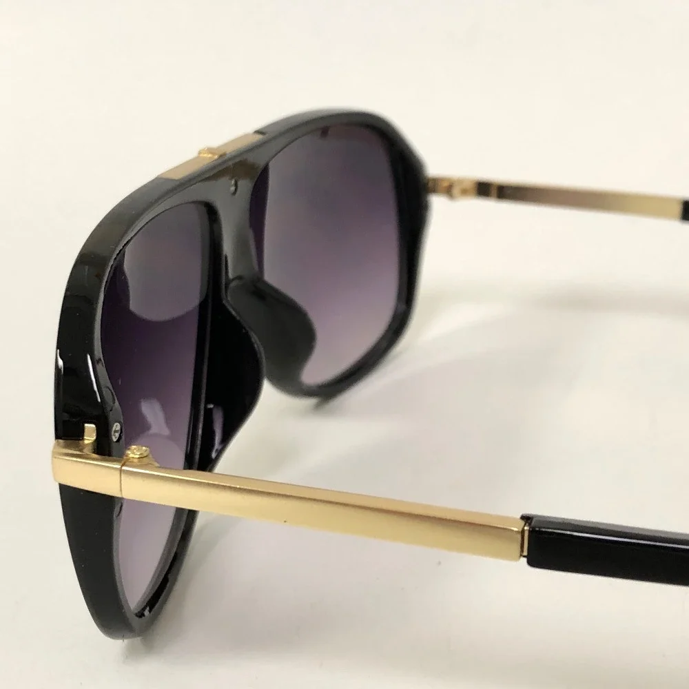 Sunglasses Mens Fashion Shades Black Gold Tone Bar Black Lens Street Wear Trendy